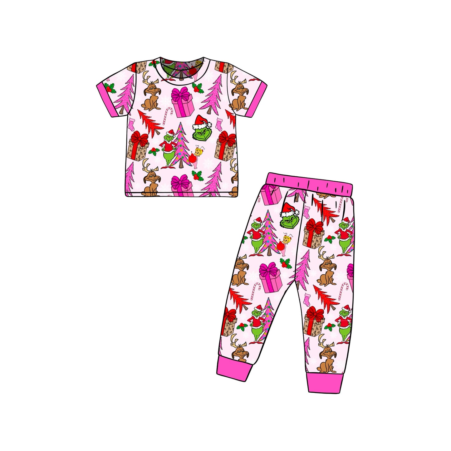 custom style Christmas green face tree gift hot pink short sleeve pants girls set