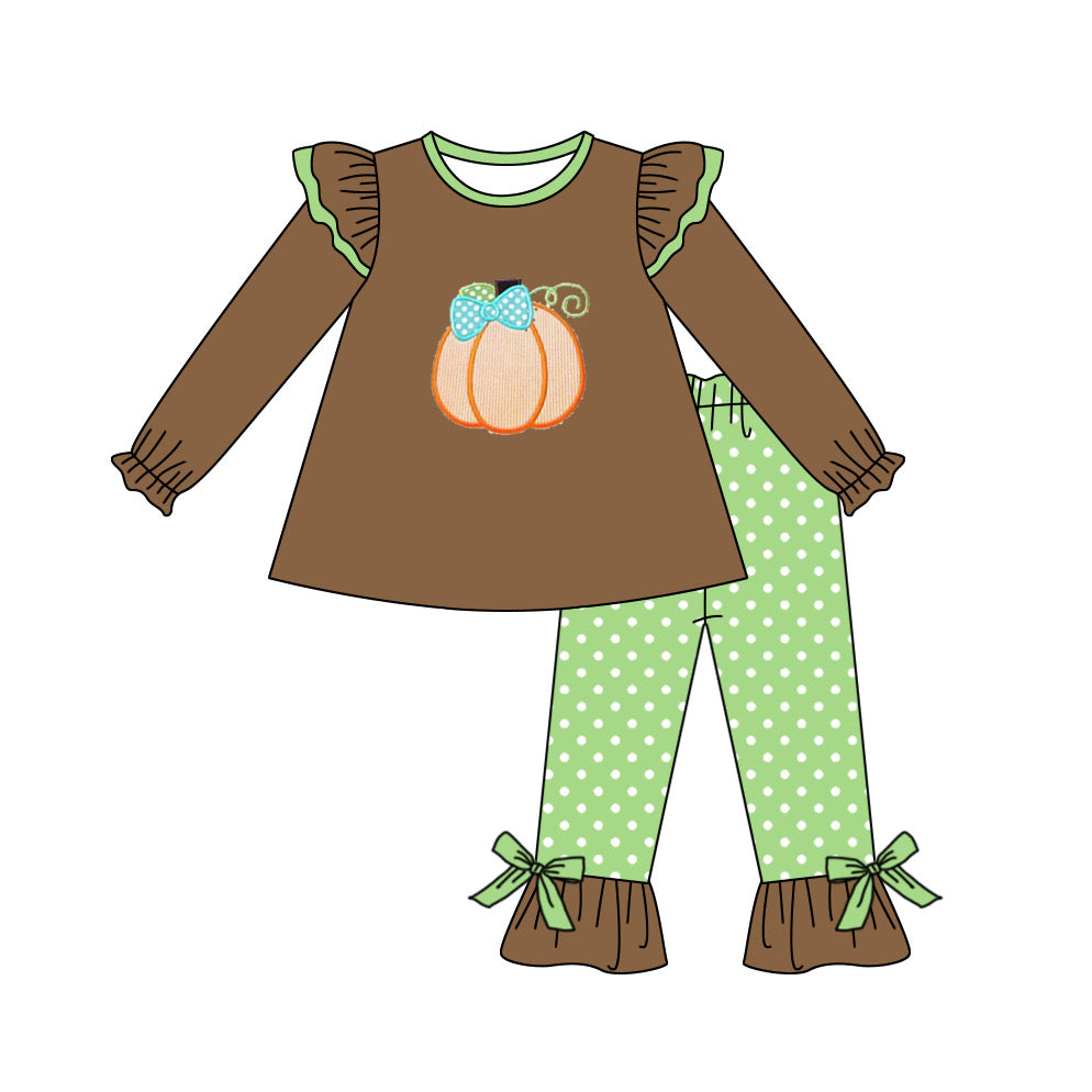 Preorder GLP01310 Autumn full pumpkin brown long sleeve green dot pants girls set