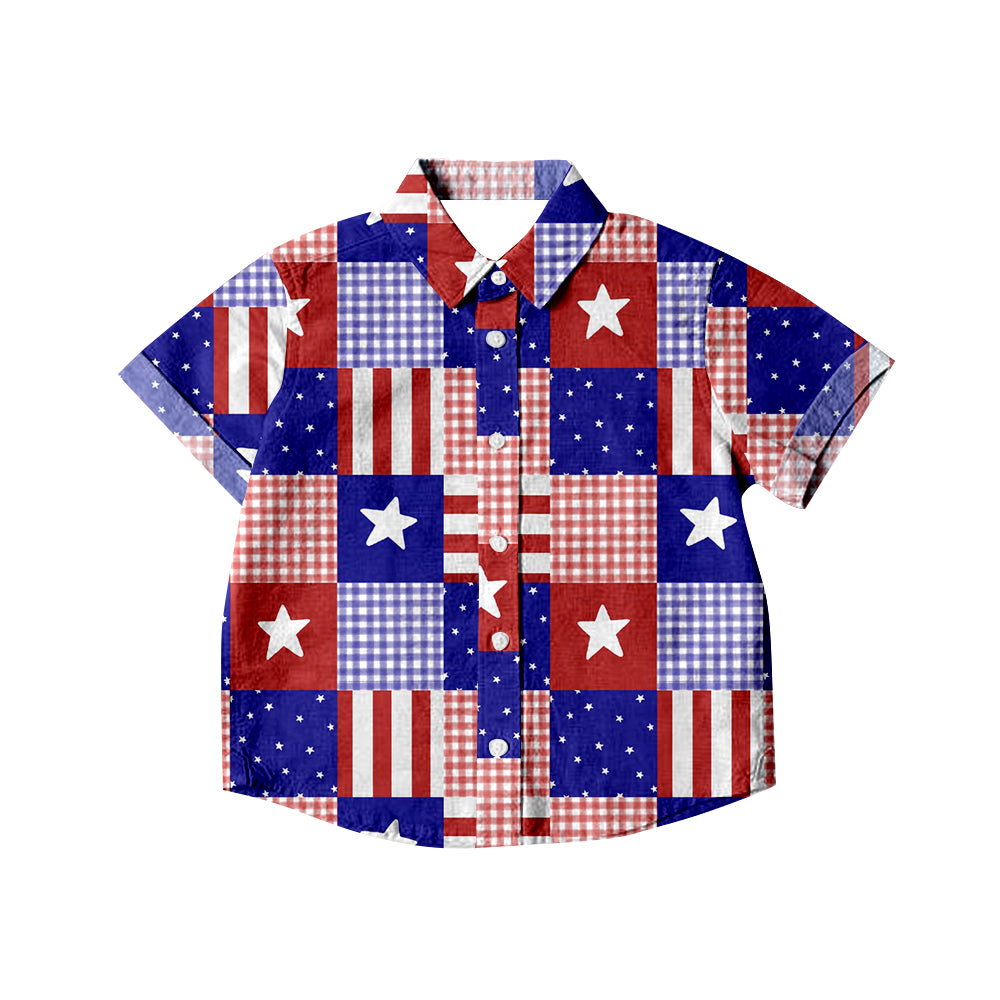 preorder BT0512 July 4th Star Striped Checkered blue red short sleeve boys top