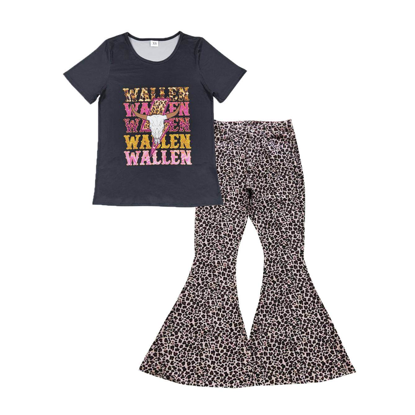 Wallen cow black short sleeve top leopard denim pants adult set