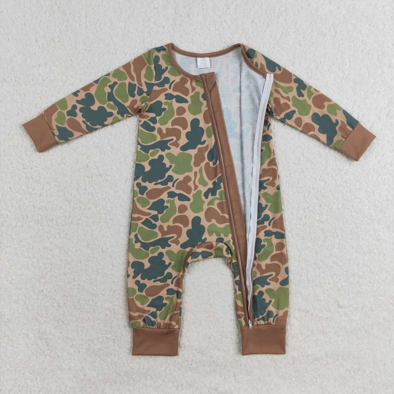 LR1203 bamboo green camo long sleeve boys zipper romper