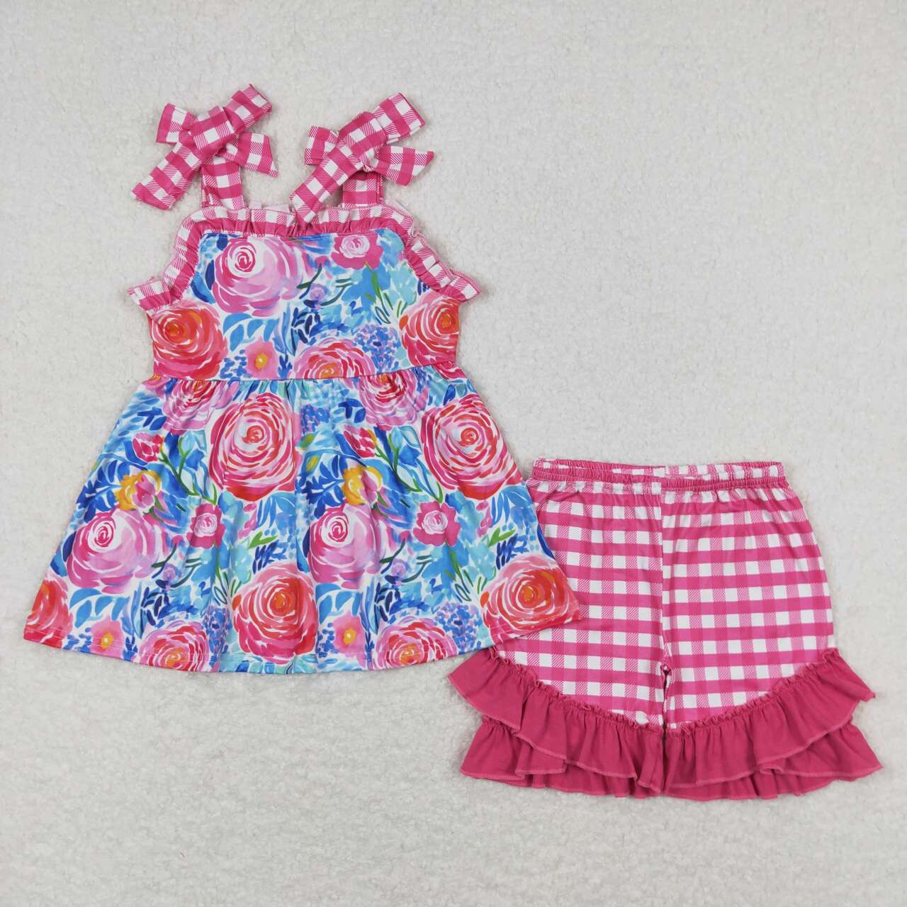 GSSO0700 Hot pink flowers sleeveless hot pink checkered shorts girls set