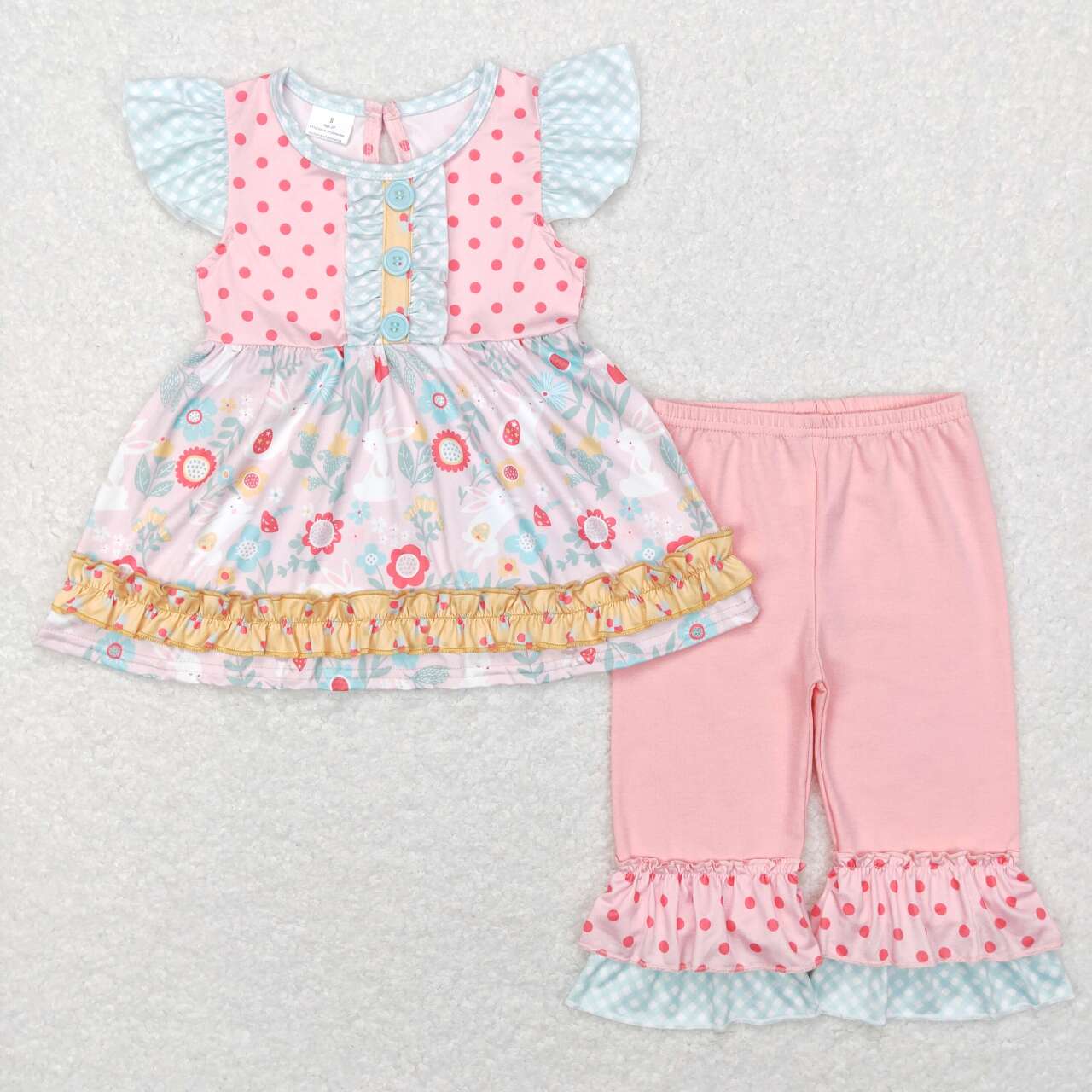 GSPO0912 Colorful flowers flutter sleeve pink pants girls set