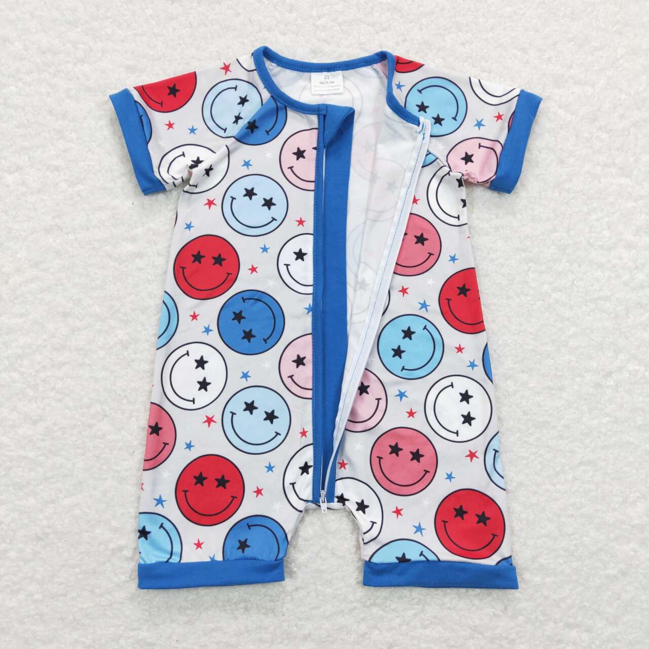 SR0692 Colorful smile blue star short sleeve boys zipper romper