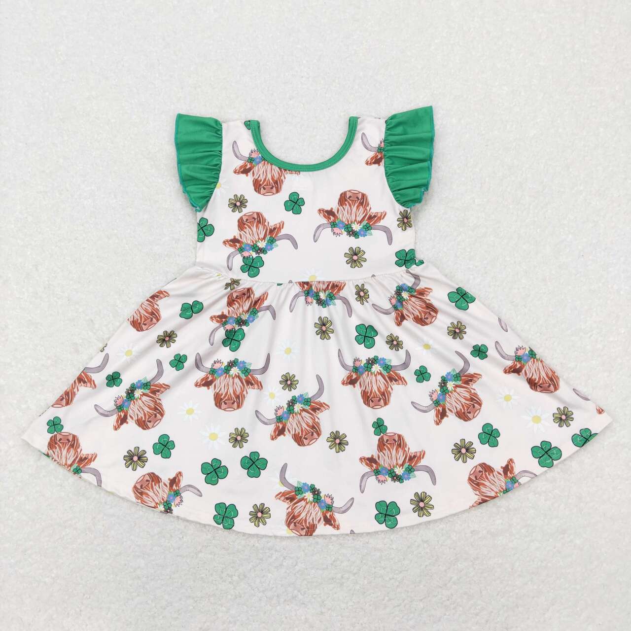 GSD0647 Saint Patrick Highland Cow Clover Green Flutter Sleeve Girls Dress