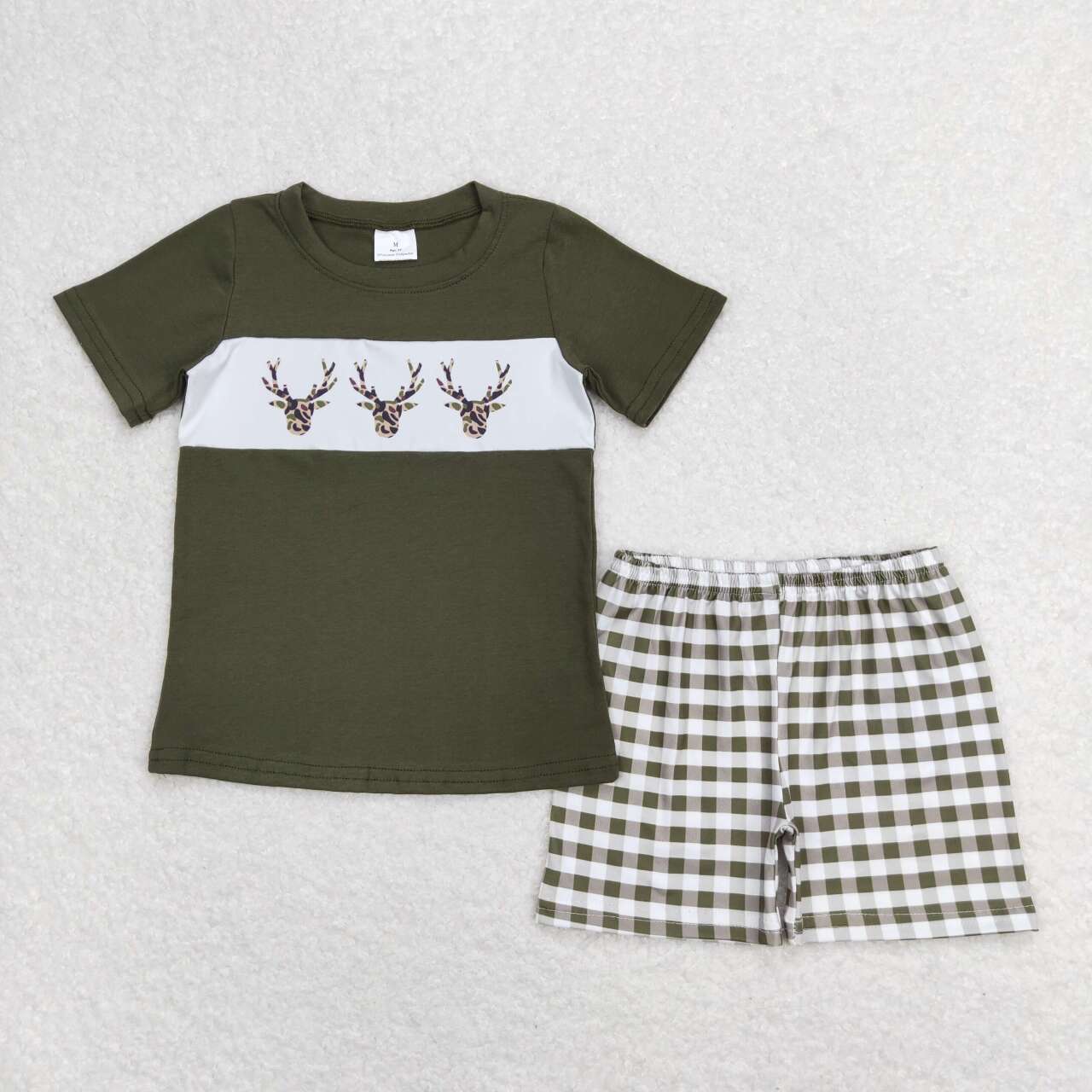BSSO0662 Camo deer green short sleeve green checkered shorts boys set