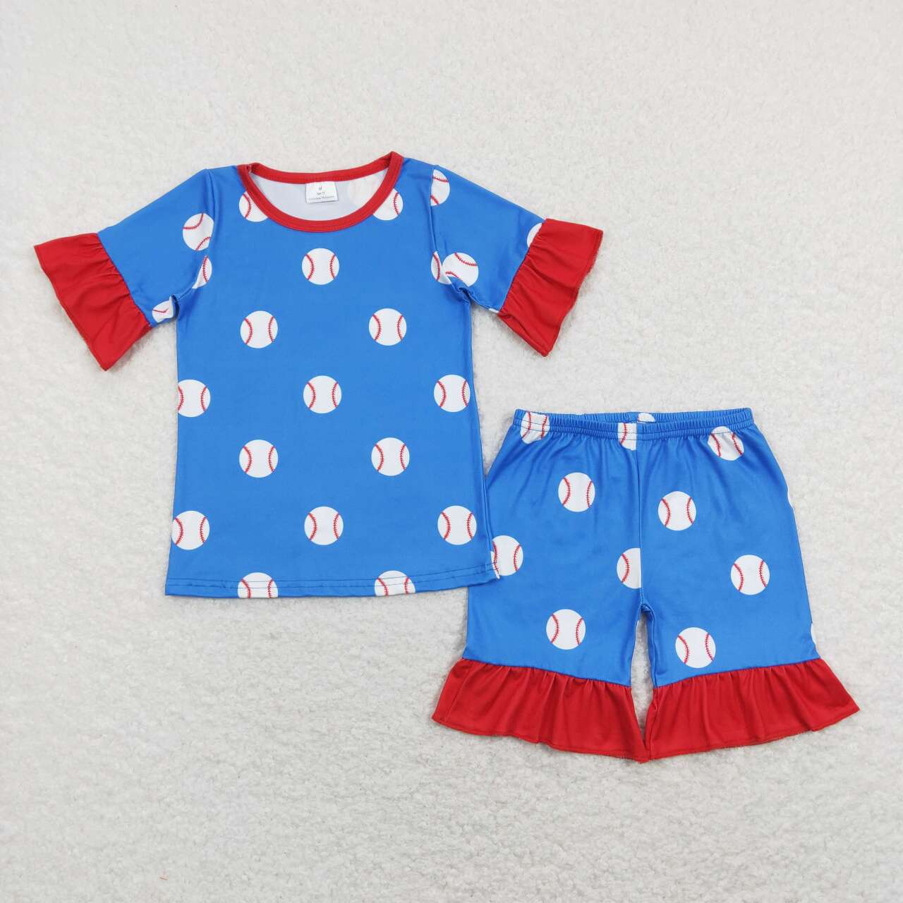 GSSO0525 Baseball Blue Short Sleeve Shorts Girls Summer Set