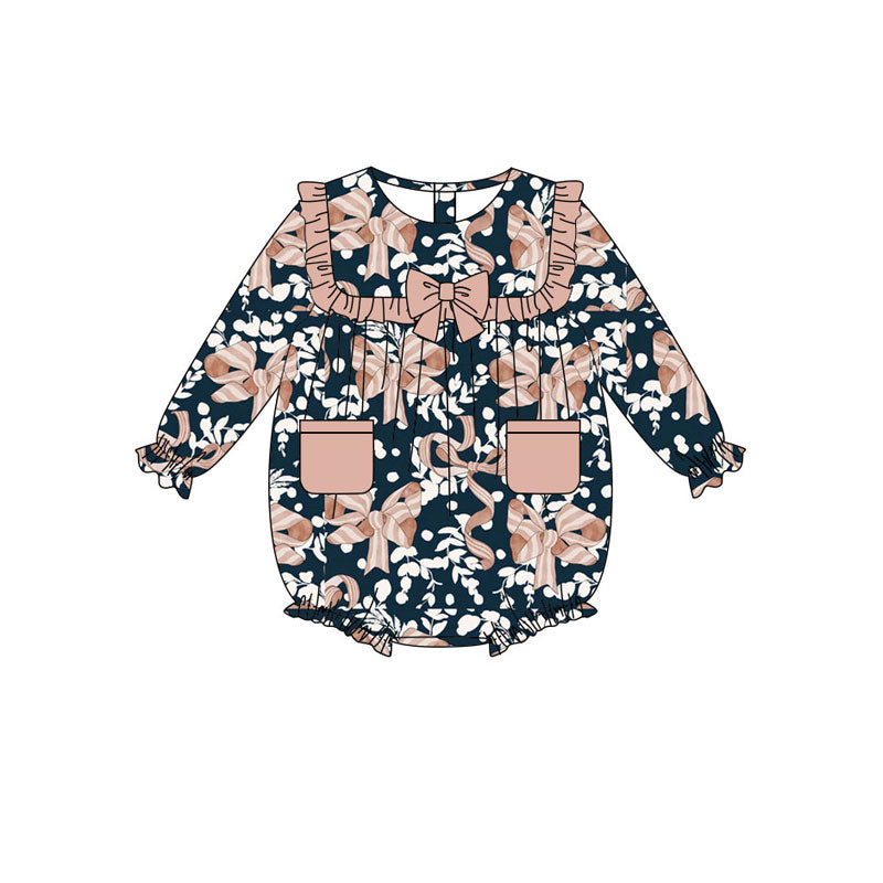 custom moq 5 pink bows black pockets long sleeve girls romper