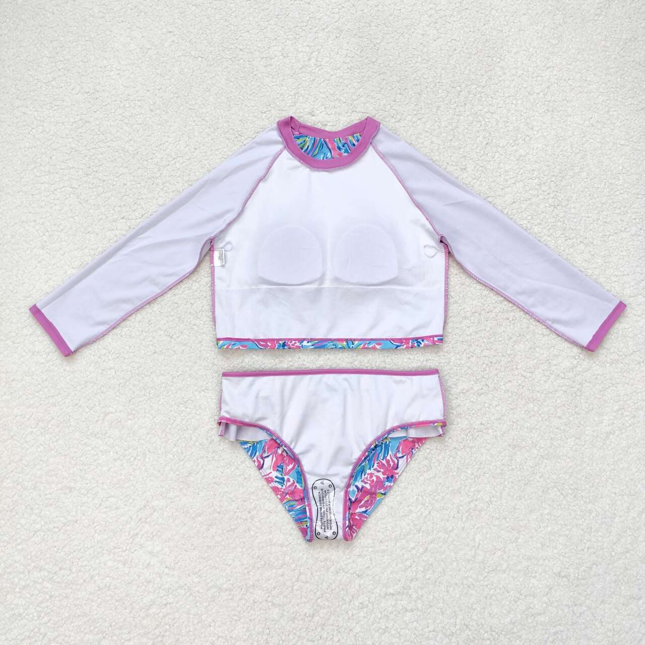 S0259 Colorful flowers print hot pink long sleeve girls swimsuits