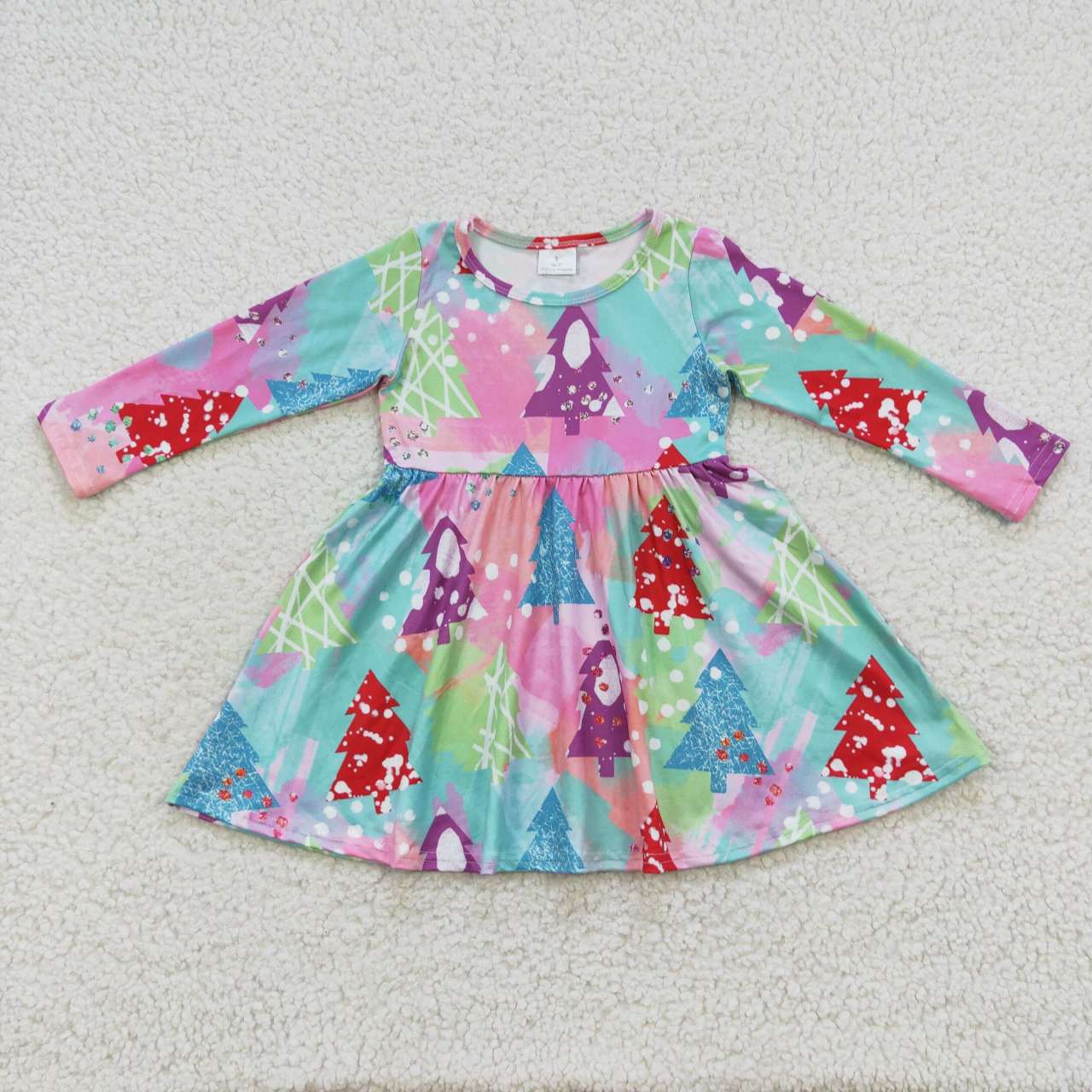 GLD0241 Christmas Colorful Tree Long Sleeves Girls Dress
