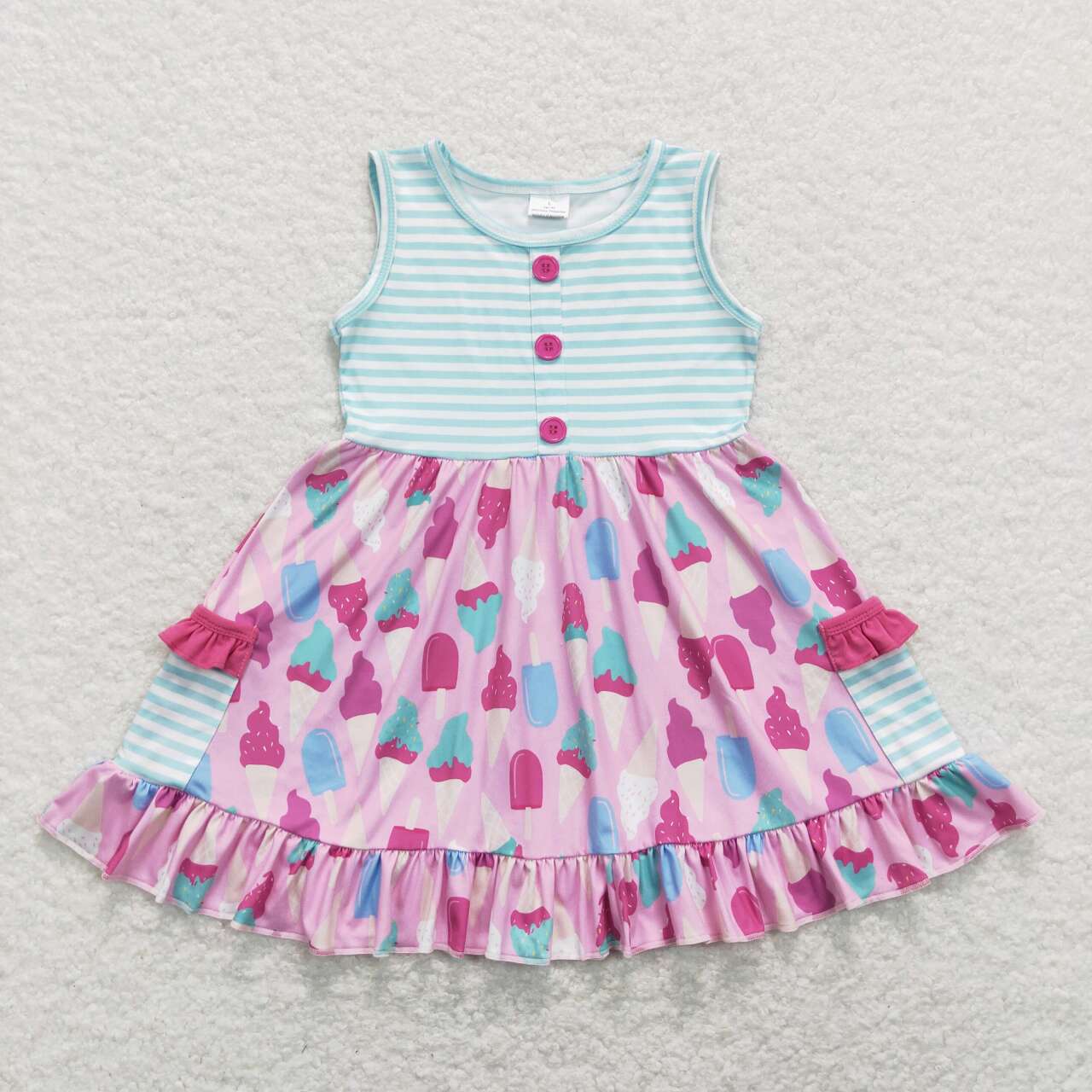 GSD0699 Girl Blue Striped Pockets Ice Sleeveless Girls Dress Kids Summer Clothes