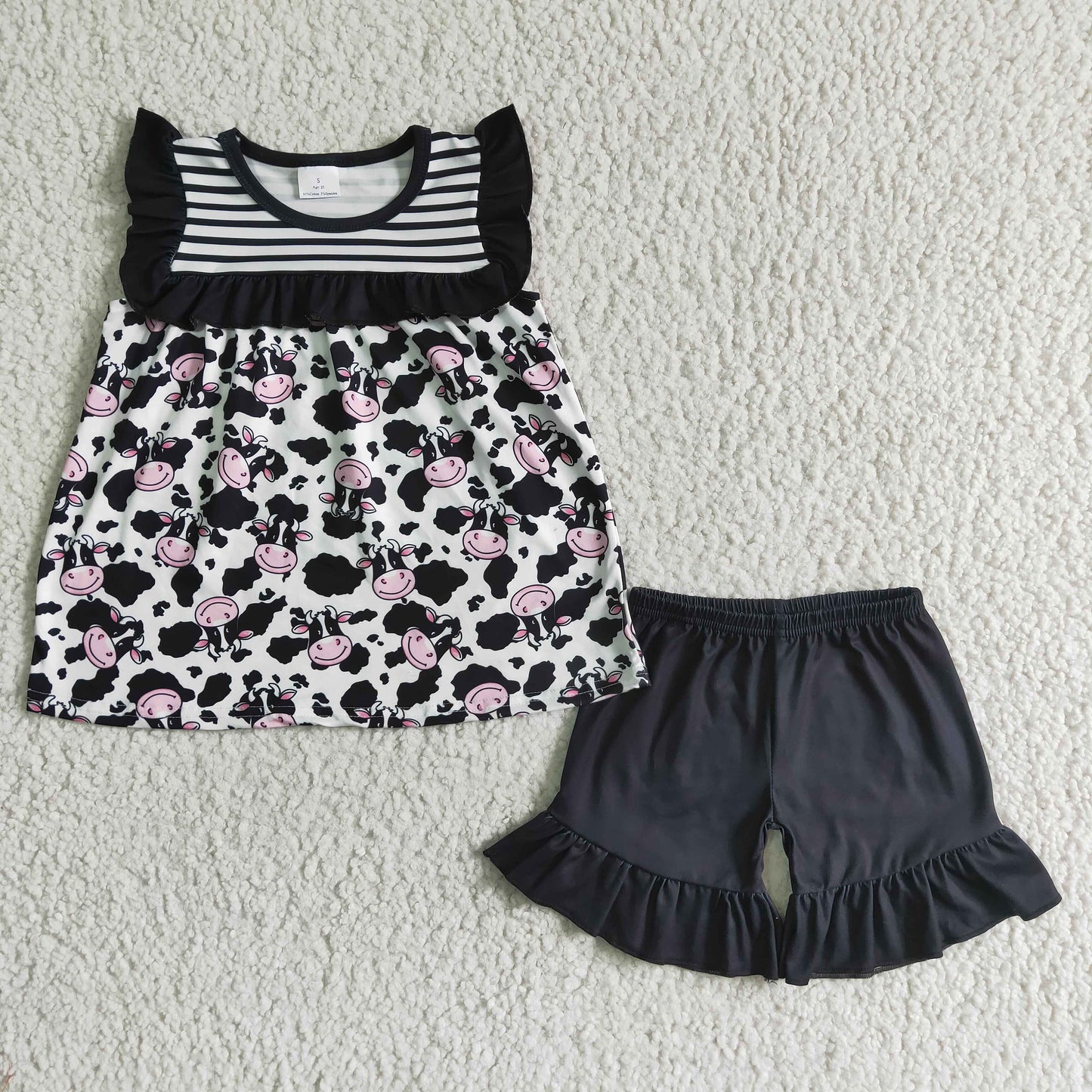 GSD0045 Cow Print Black Striped Print Baby Girls Set