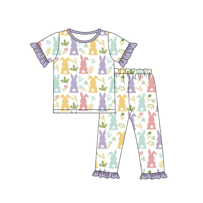 custom moq 5 Easter bunny rabbit flowers purple short sleeve pants girls pajamas