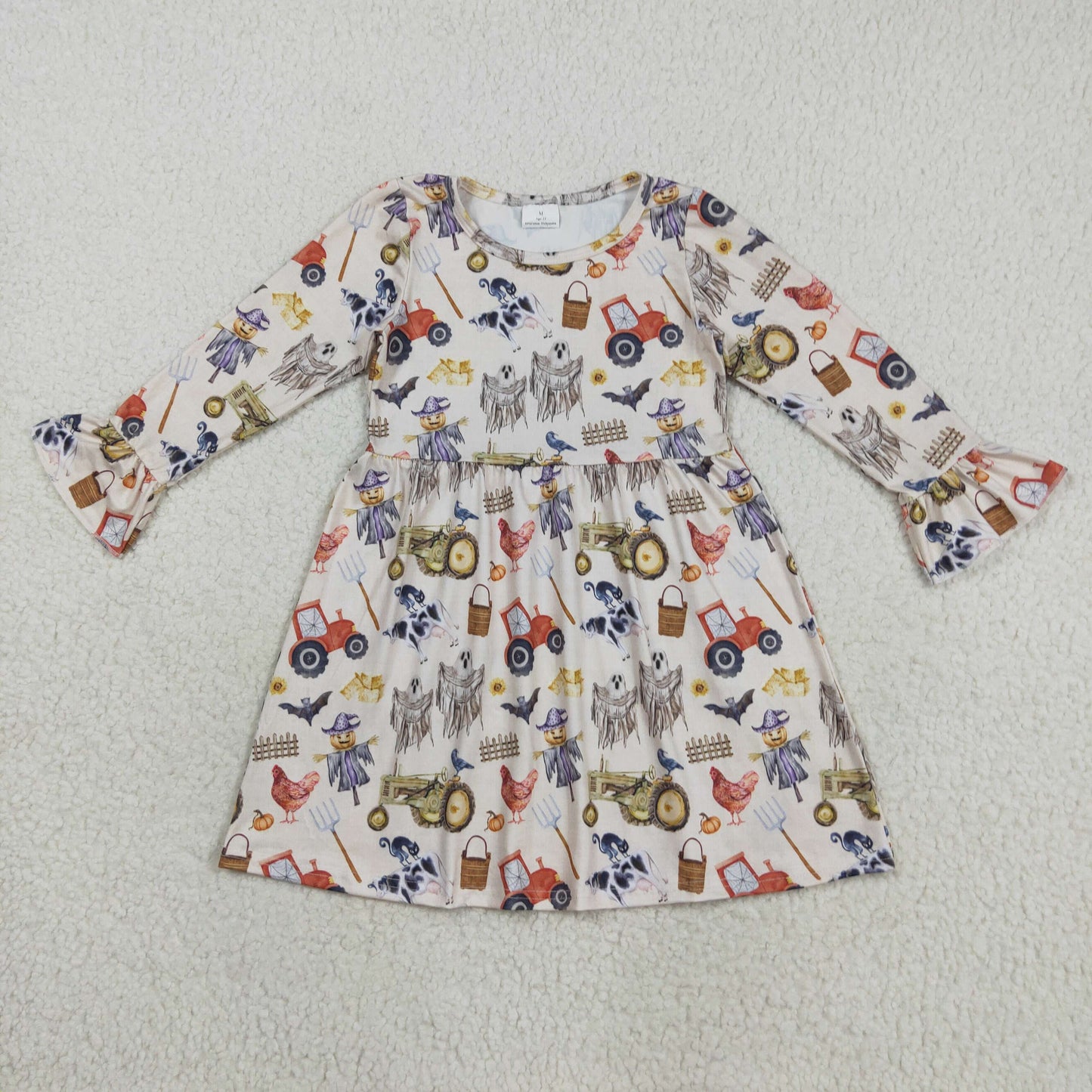 GLD1196 Halloween farm tractor chick spooky animals long sleeve girls dress