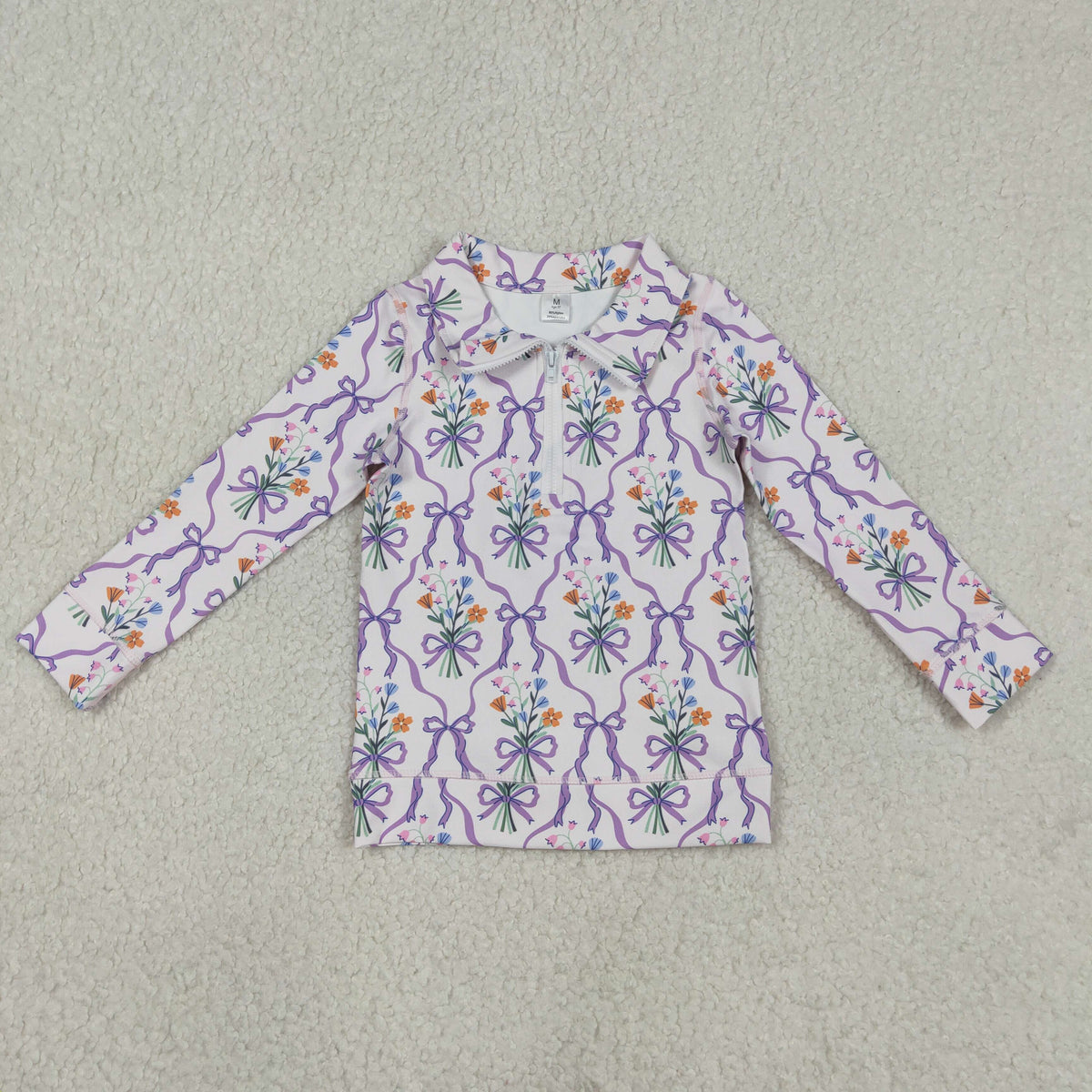 GT1371 Yoga Purple Bows Flowers Zipper Long Sleeve Girls Top