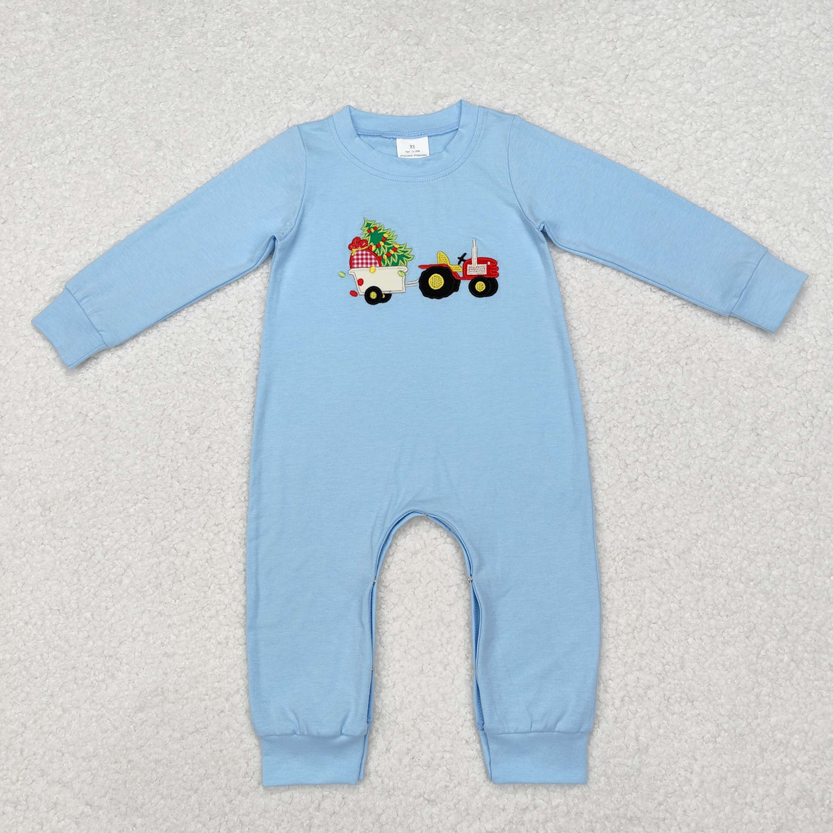 embroidery LR1508 Christmas farm tree tractor blue long sleeve boys romper
