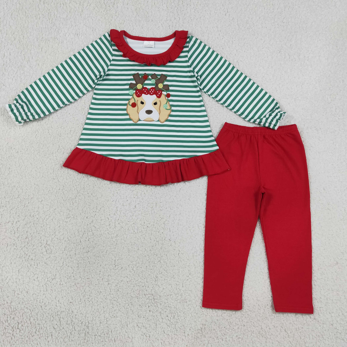 Embroidery GLP3494 Christmas Dog Green Striped Long Sleeve Red Pants Girls Set