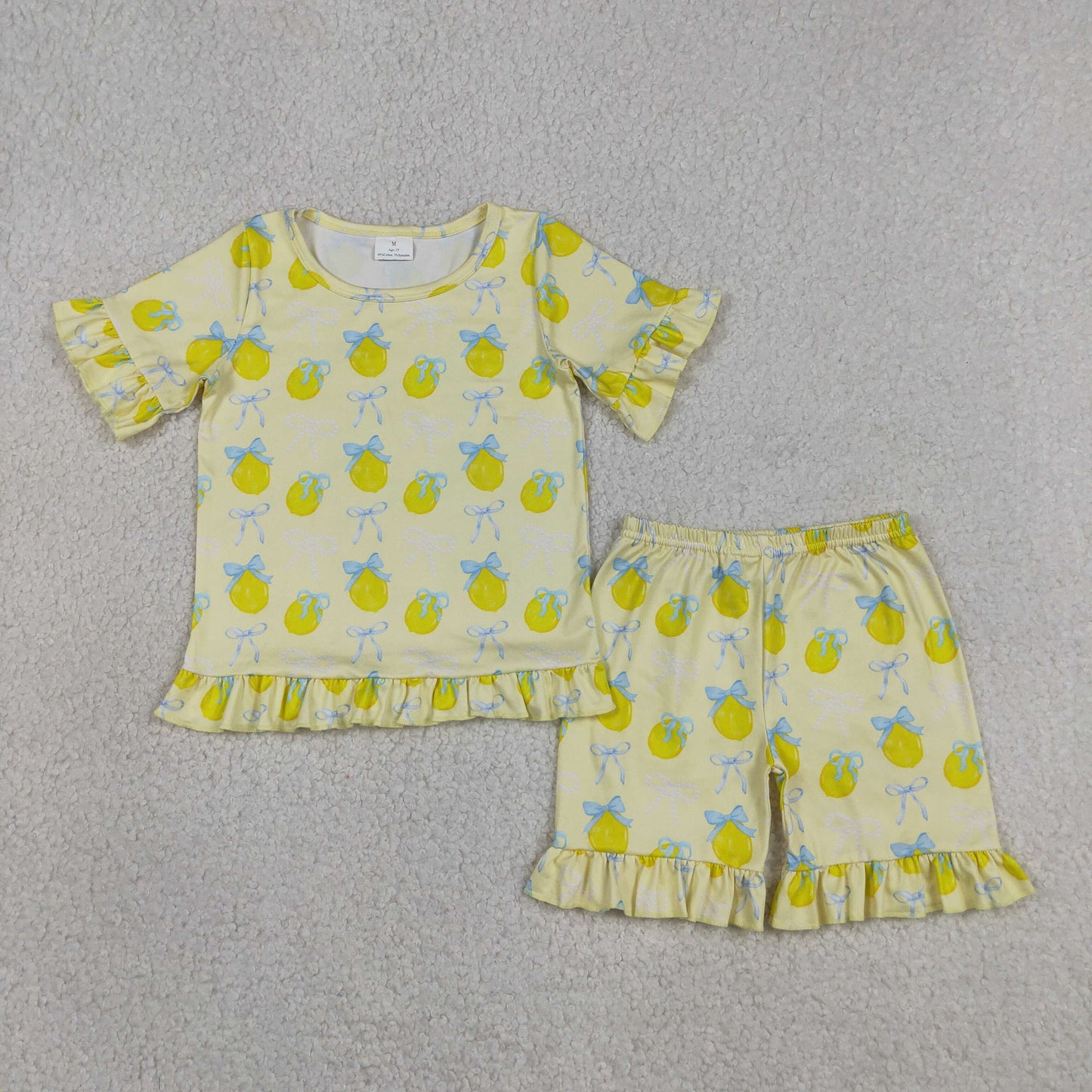 GSSO3326 Lemon Blue Bows Short Sleeve Shorts Girls Set