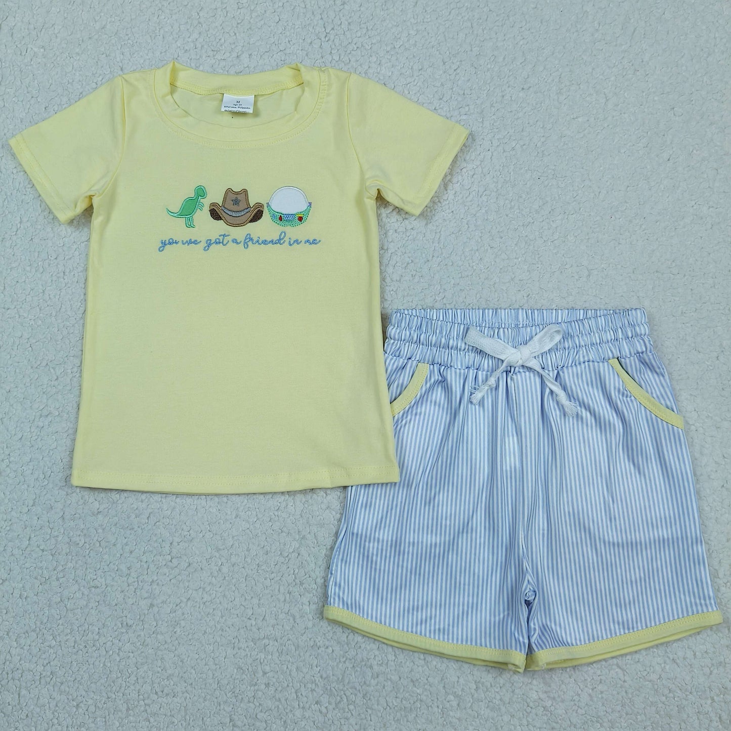 Embroidery BSSO1968 Cartoon Dinosaur Toy Yellow Short Sleeve Blue Shorts Boys Set