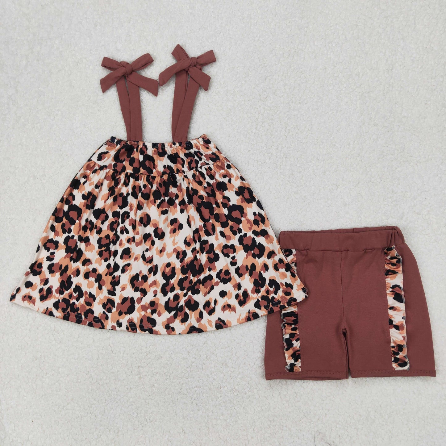 GSSO2352 leopard lace-up bows brown shorts girls set