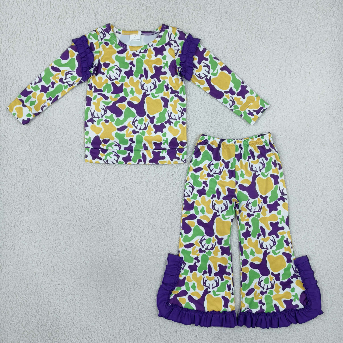 GLP3872 Mardi Gras Camo Long Sleeve Ruffles Pants Girls Set