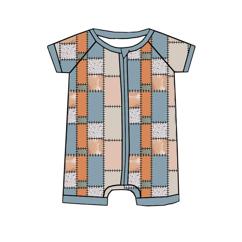 custom style bamboo grey patchwork check printing short sleeve boys zipper romper