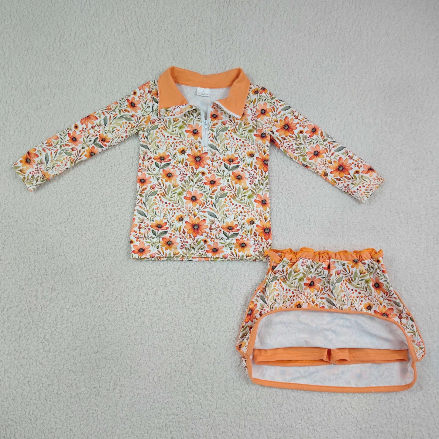 GLD1606 Yoga Autumn Flowers Orange Zipper Long Sleeve Skorts Girls Set