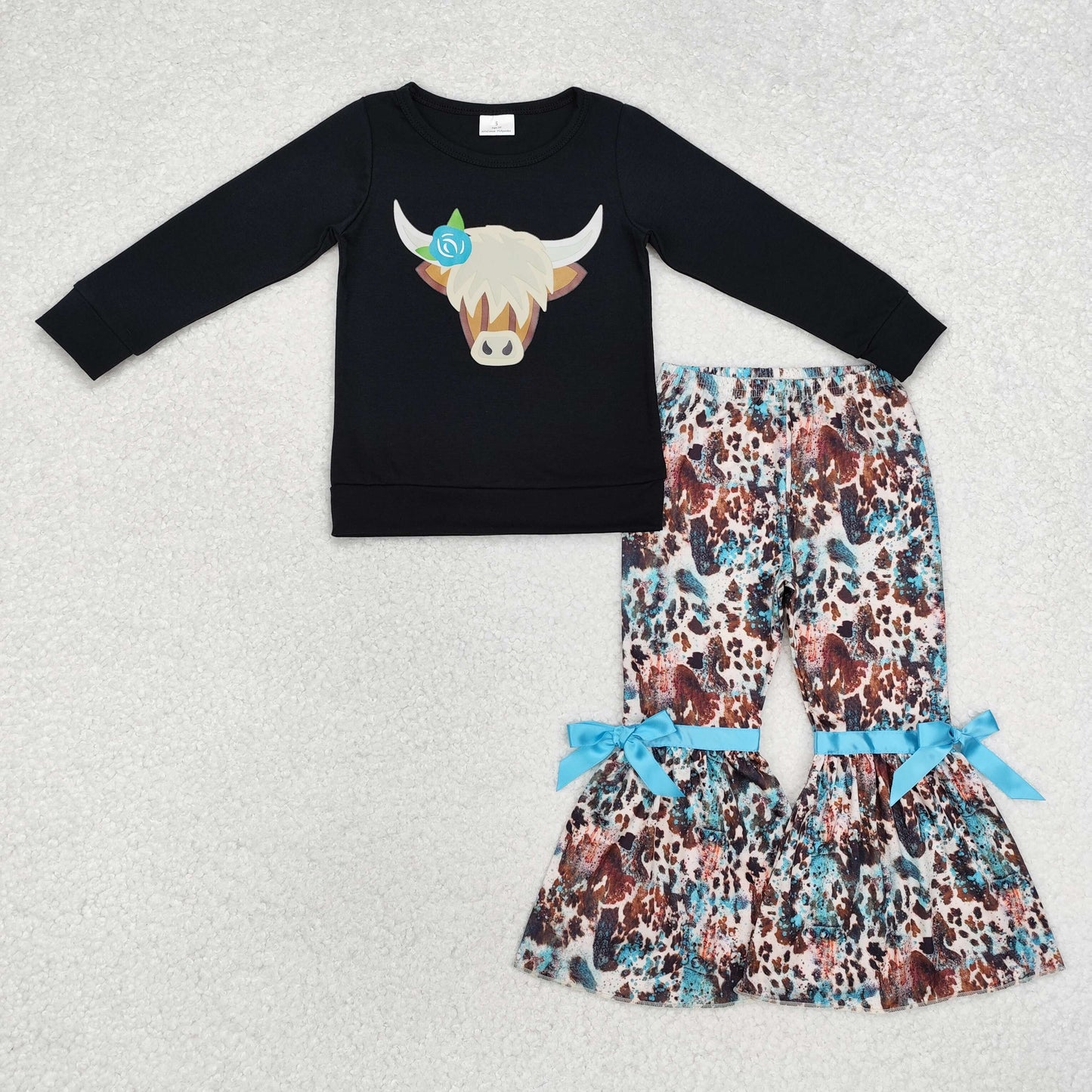 GLP1871 Western highland cow black long sleeve cow print pants girls set