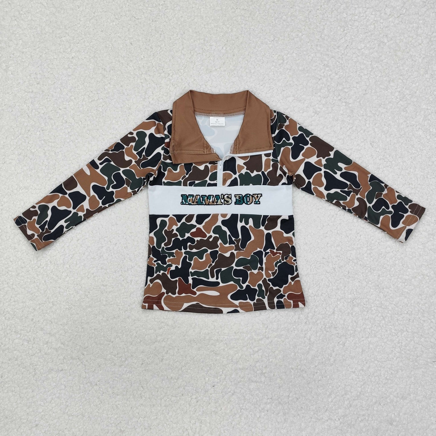 embroidery BT0973 mama's boy brown camo zipper long sleeve boys pullover