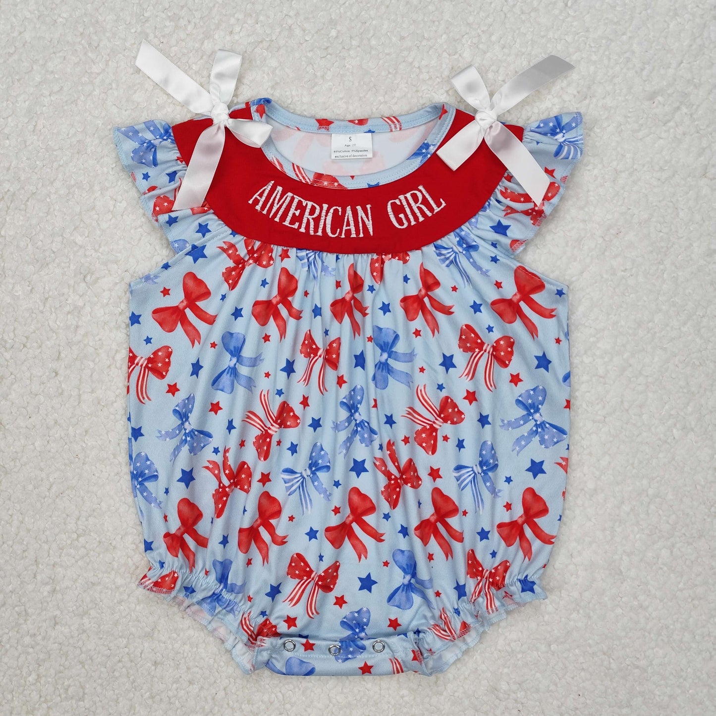 SR2589 embroidery July 4th American Girl Red Blue Bows Flutter Sleeve Girls Romper