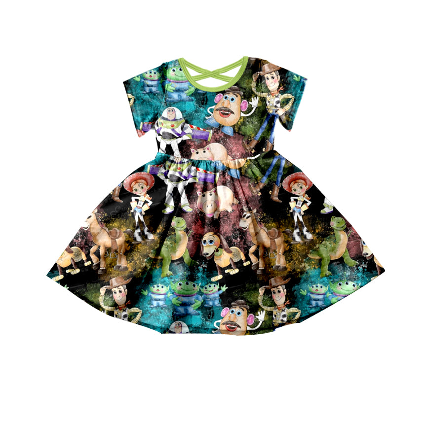 Custom cartoon toy green short sleeve girls dress