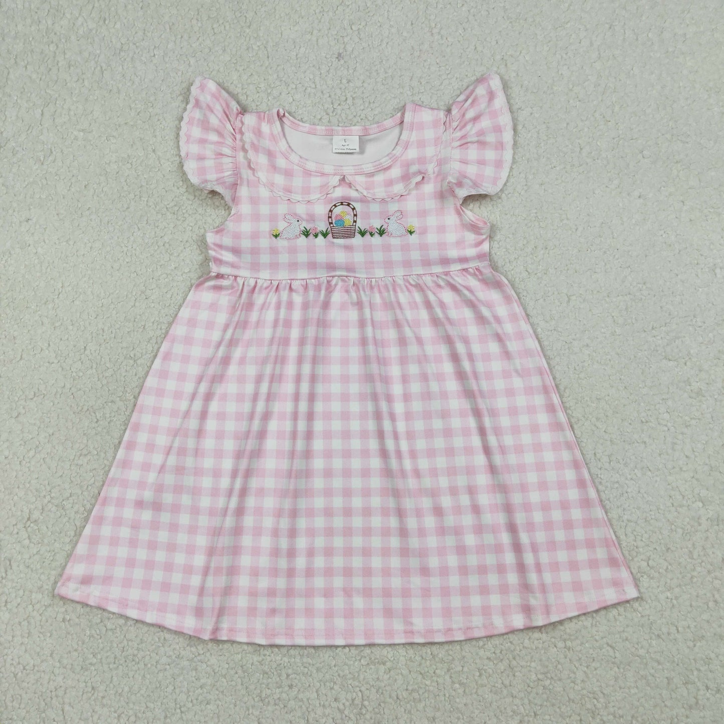 GSD2913 Easter Bunny Egg Pink Checekered Flutter Sleeve Girls Dress