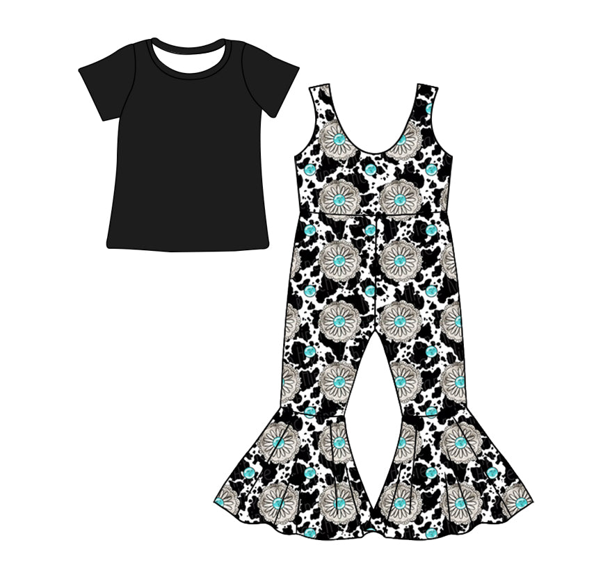 custom moq 3 black short sleeve cow print gem jumpsuits girls set