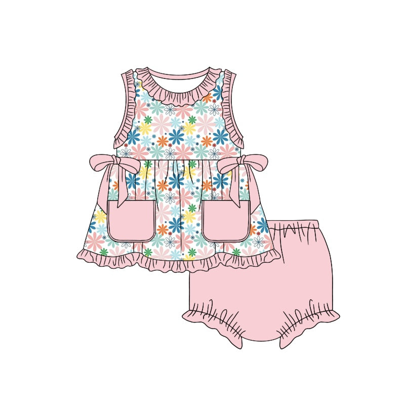 Custom Colorful flowers pink pockets sleeveless girls bummies set moq3