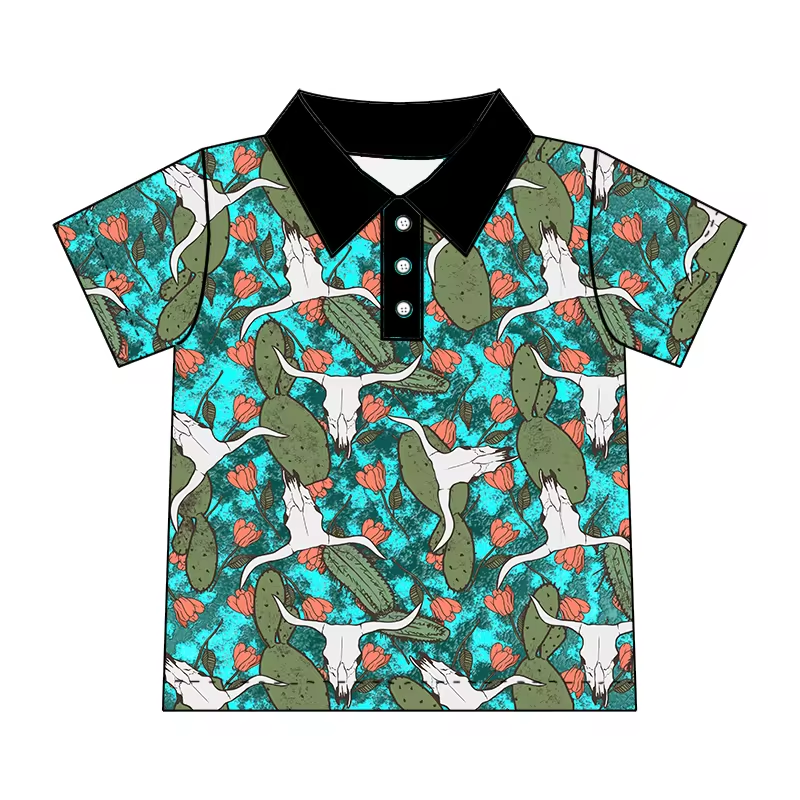 custom style Western cactus cow green short sleeve boys top