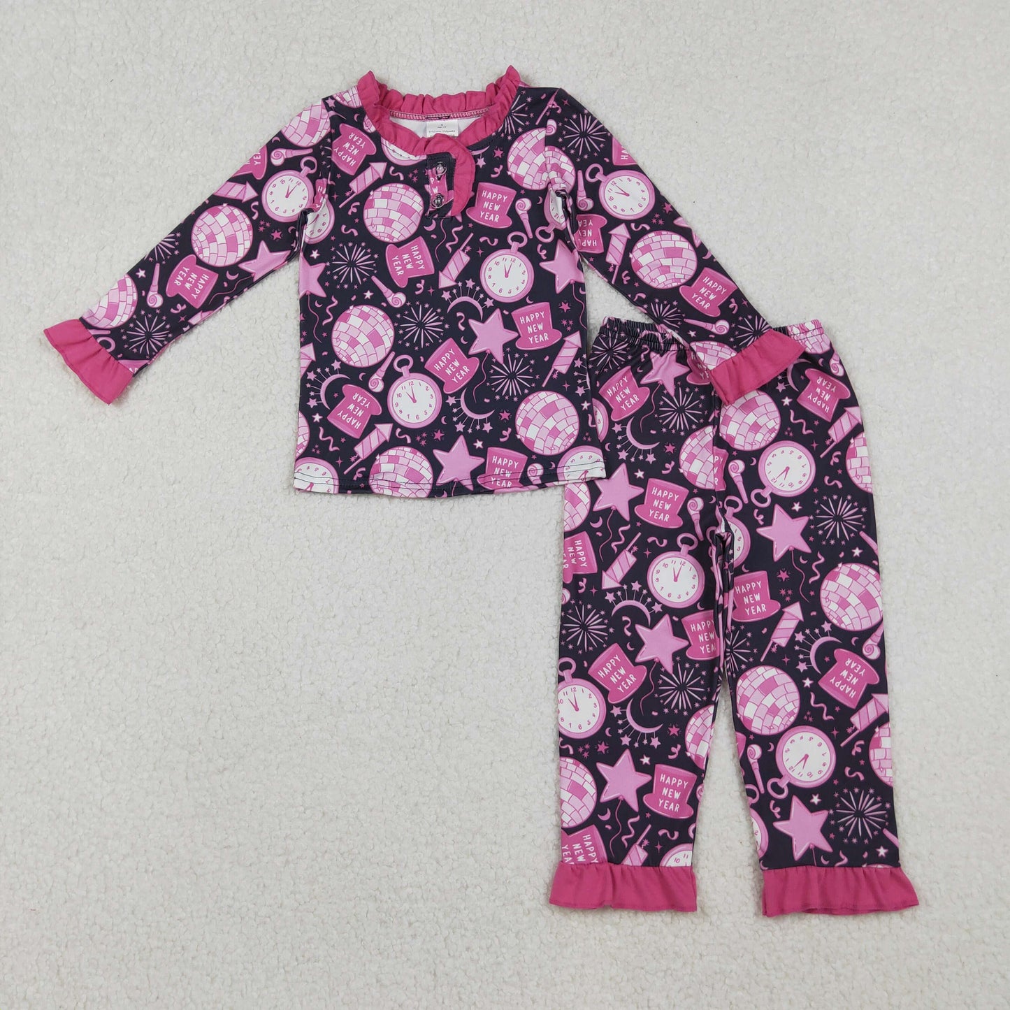 GLP2771 happy new year light star clock hot pink long sleeve pants girls pajamas