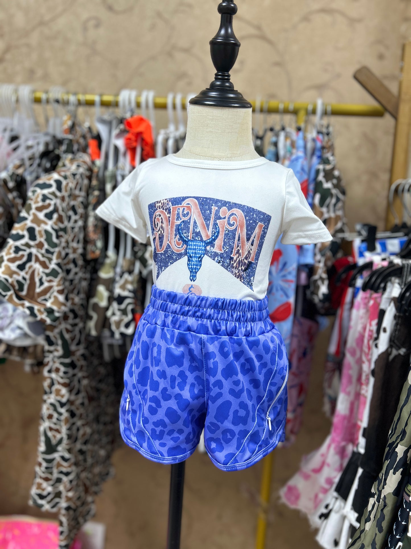 Western blue cow short sleeve yoga leopard zipper pockets shorts girls set