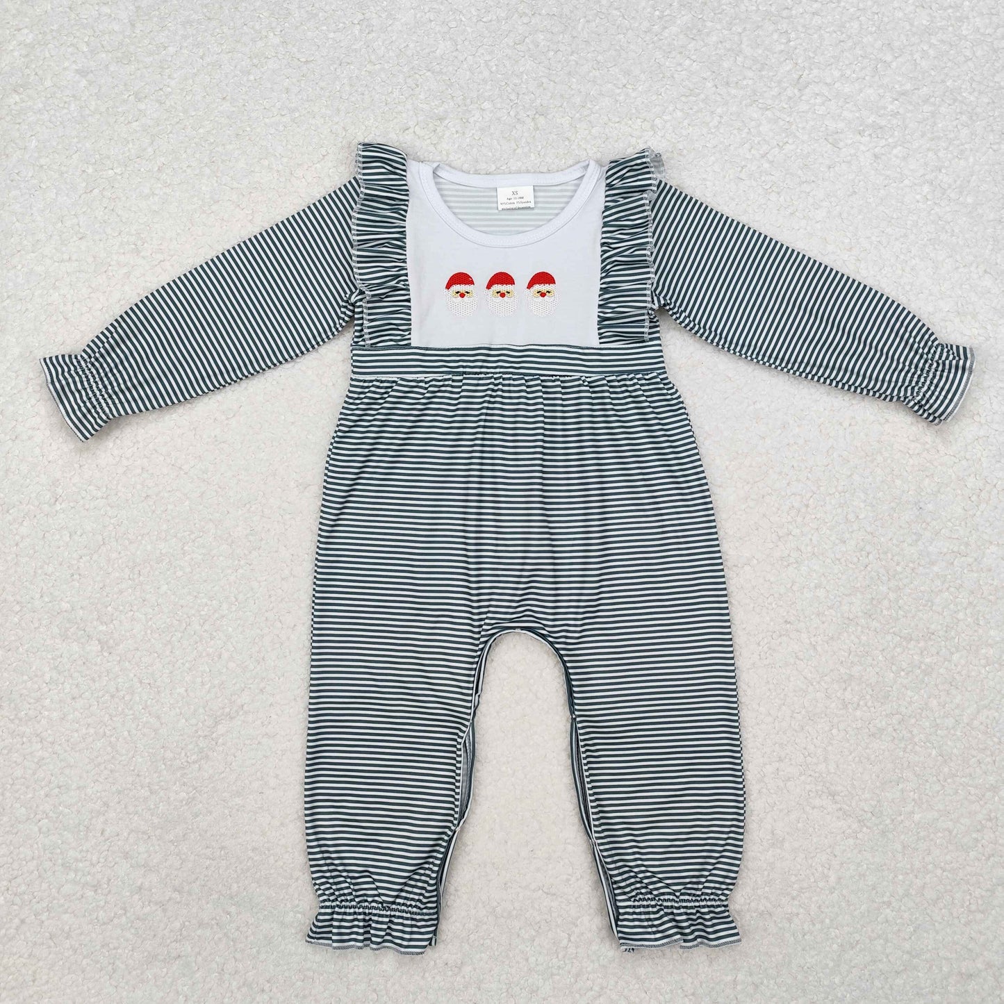 embroidery LR1586 Christmas Santa green striped long sleeve girls romper