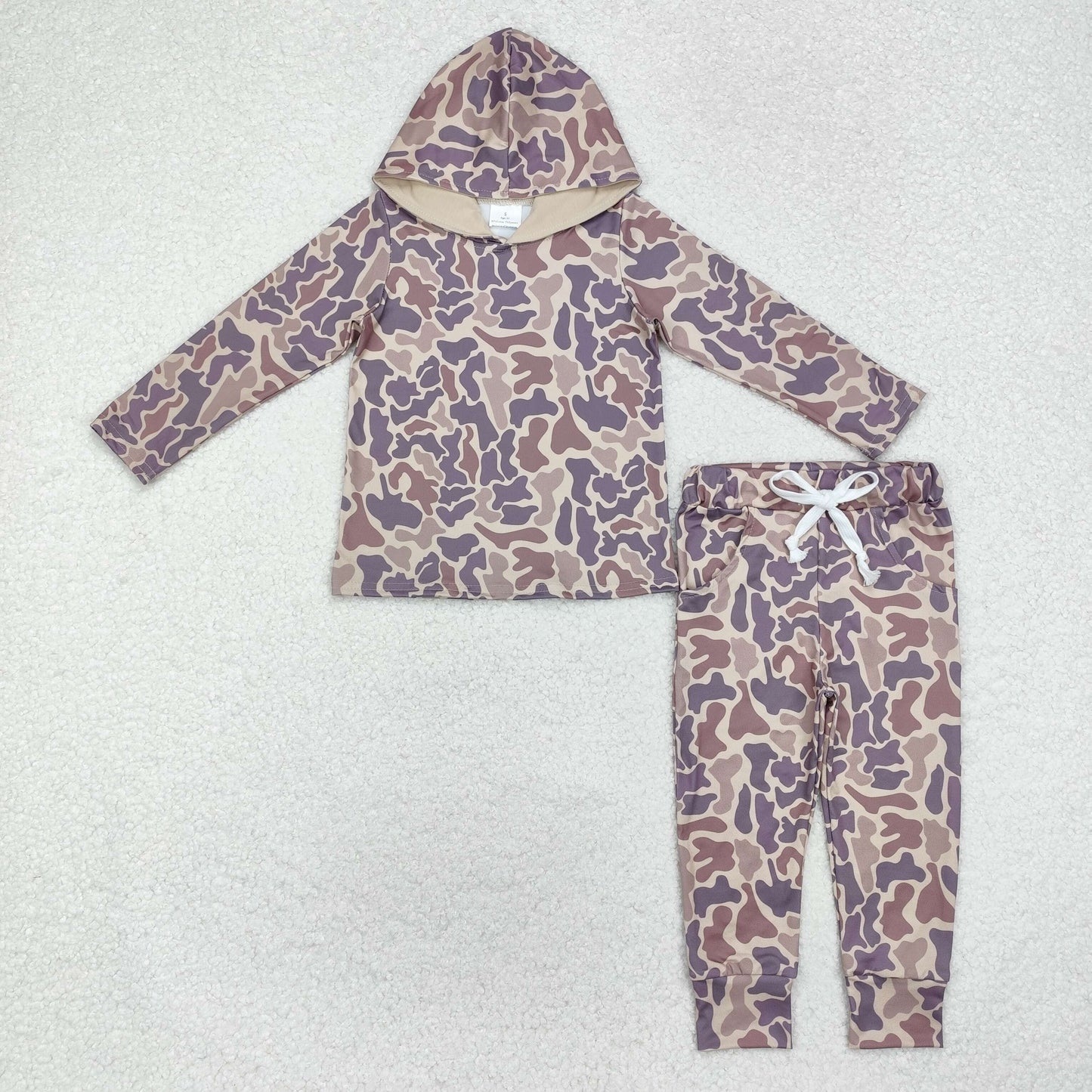BLP1005 brown camo long sleeve hooded pants boys set