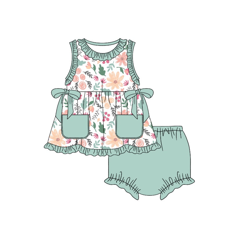 Custom Colorful flowers dark green pockets sleeveless girls bummies set moq3