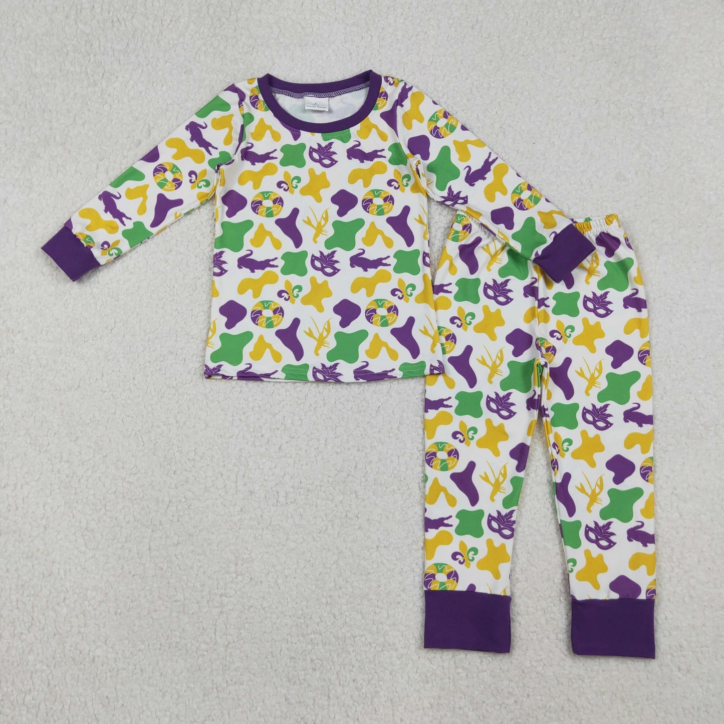 BLP1273 Mardi Gras purple yellow green camo mask long sleeve pants boys pajamas
