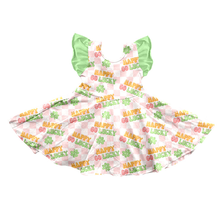 preorder GSD0519 Happy lucky green flutter sleeve girls dress