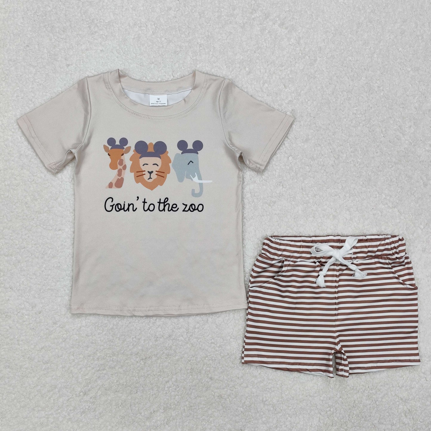 BSSO1109 goin' to the zoo elephant lion giraffe khaki short sleeve striped shorts boys set