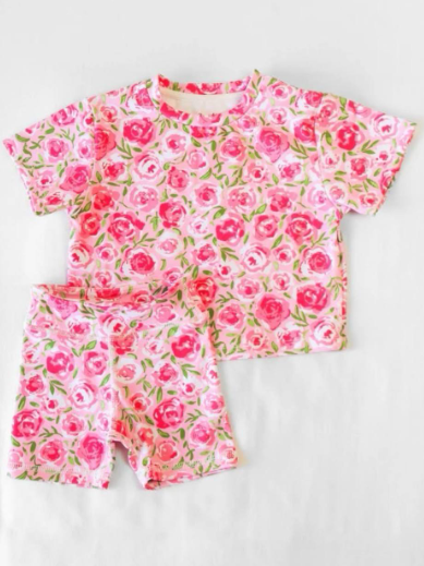 preorder hot pink flowers rose short sleeve shorts girls set