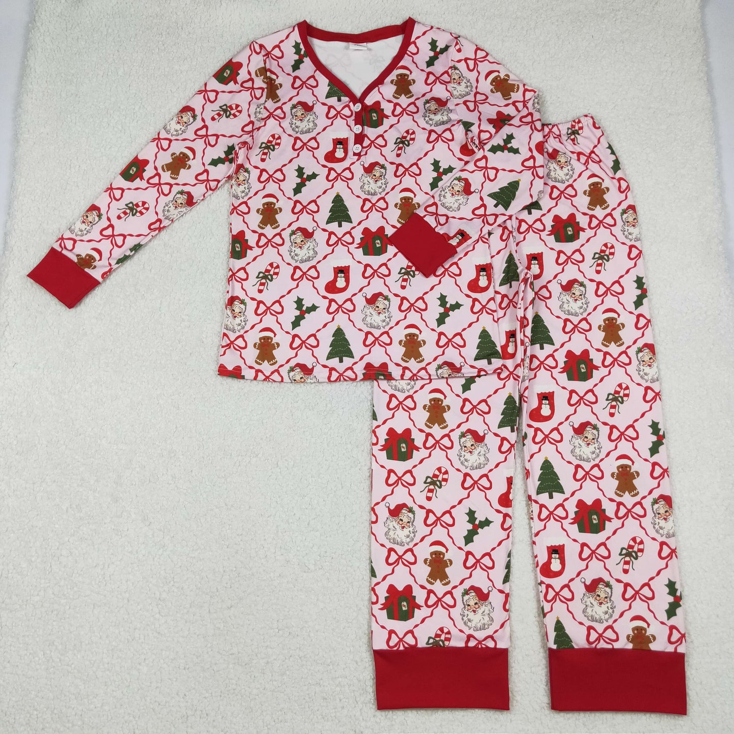 GLP2815 Christmas Santa bows holly berry gingerbread man red long sleeve pants adult women pajamas
