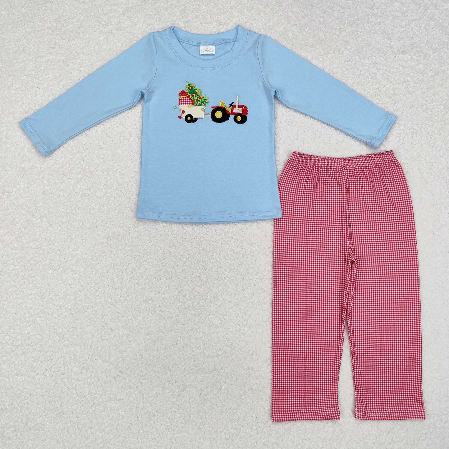 embroidery BLP0745 Christmas farm tree tractor blue long sleeve red pants boys set