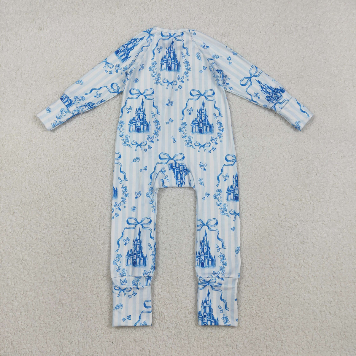 LR2661 cartoon castle bows blue zipper long sleeve girls romper