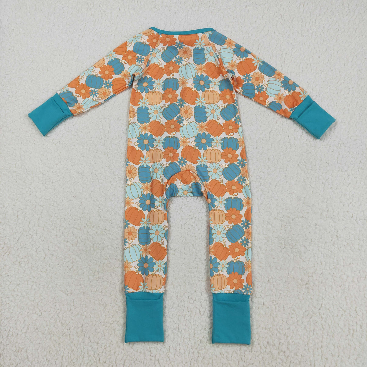 LR2461 Autumn pumpkin flowers blue zipper long sleeve girls romper