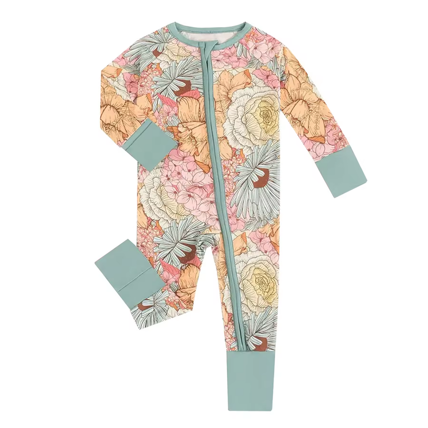 custom colorful flowers long sleeve girls zipper romper