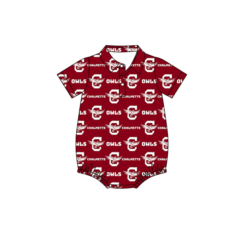 custom moq 3 football item OWLS red short sleeve boys romper